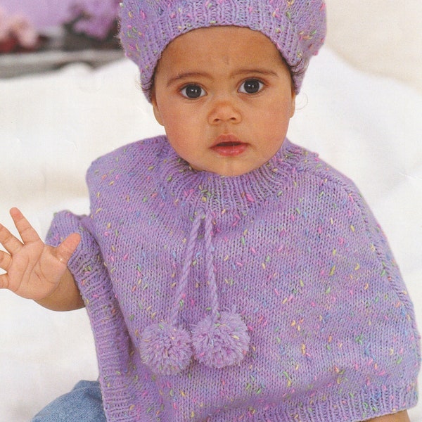 Baby Girls Poncho & Beret Knitting Pattern DK Yarn 8 Ply Newborn to 6 years PDF Pattern