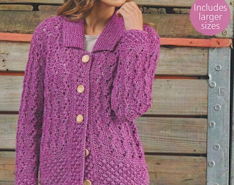 Ladies Cardigan Knitting Pattern Chunky / Bulky Yarn Womens Cardigan Quick-Knit PDF Pattern Large sizes to 54 ins