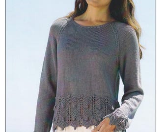 Ladies Sweater Knitting Pattern Pretty Round Neck Cotton DK / 8 Ply Yarn Womens Jumper Summer PDF Pattern in English