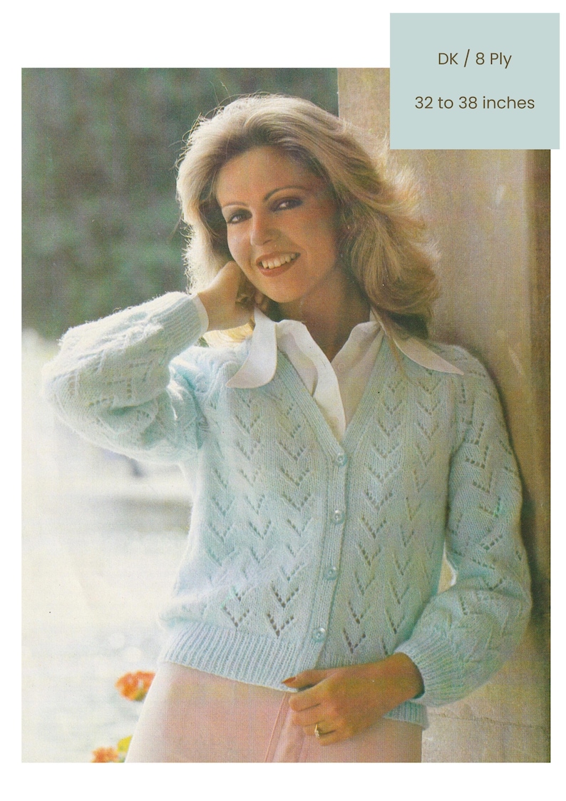 Ladies Lacy Cardigan Knitting Pattern DK / 8 Ply Yarn Vneck Womens