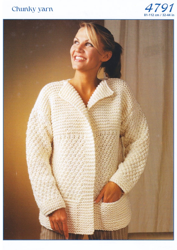 Womens Cardigan Knitting Pattern Chunky / Bulky Yarn Ladies Jacket PDF Easy Knit in English