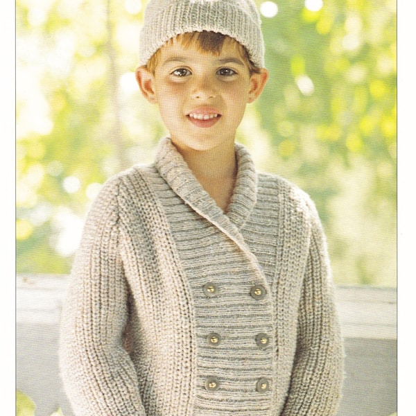 Boys Fishermans Rib Cardigan Knitting Pattern DK  / 8 Ply Yarn Childs Jacket & Hat sizes 1 to 10 years PDF