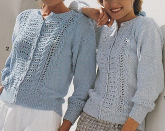 Ladies Cardigan Knitting Pattern DK 8 Ply Yarn Round Neck Smart Cardi Cable & Eyelet PDF Pattern