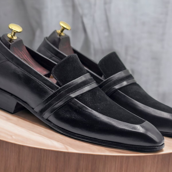 Handmade Round Toe Black Leather Suede Slip-On Loafers | Stylish Men's Dress Shoes | Comfortable Casual Footwear | Men Black Leather SHOES