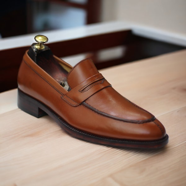 Handcrafted Penny Loafer Shoes | Men's Luxury Mustard Leather Shoes | Elegant Slipper Style | Perfect for Formal Occasions | Split Toe Shoe
