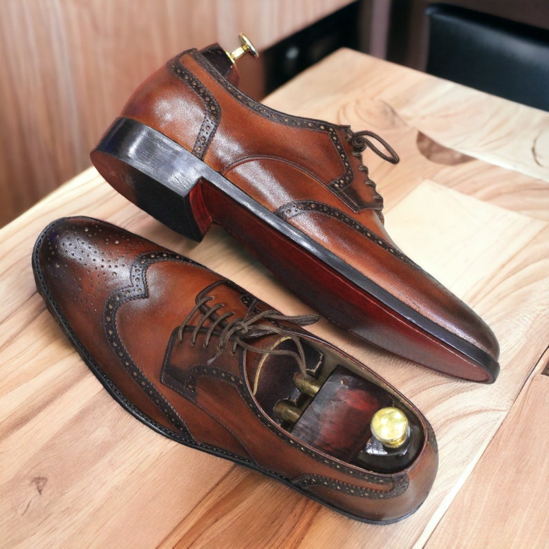 Handmade Men's Wingtip Oxford Shoes White Brown Brogue Leather Dress