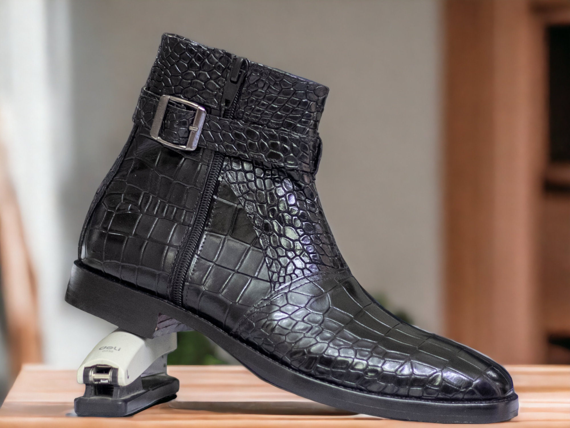 Handmade Men s Black Alligator Leather Boots FASHION Designer
