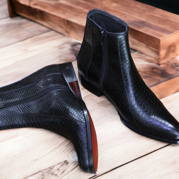 Handmade Men's Black Python Leather Boots | FASHION Designer BOOT | Stylish and Unique Footwear For Men | Zipper Python Black Boots Mens