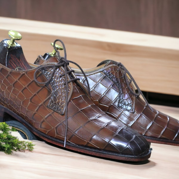 Handcrafted Alligator Derby Lace-Up Shoe | Luxury Men's Leather Dress Shoes | Elegant Oxford Style | Perfect for Formal Events and Occasions