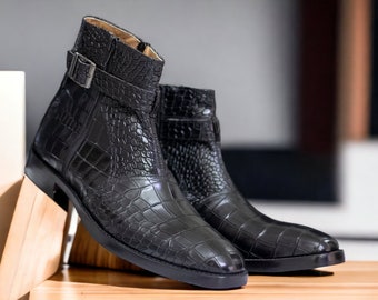 Handmade Men's Black Alligator Leather Boots | FASHION Designer BOOT | Stylish and Unique Footwear For Men | Zipper Alligator Boots Mens