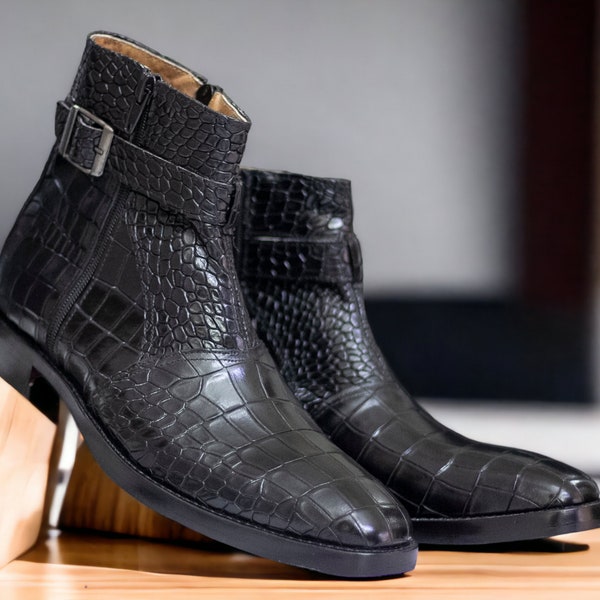 Handmade Men's Black Alligator Leather Boots | FASHION Designer BOOT | Stylish and Unique Footwear For Men | Zipper Alligator Boots Mens