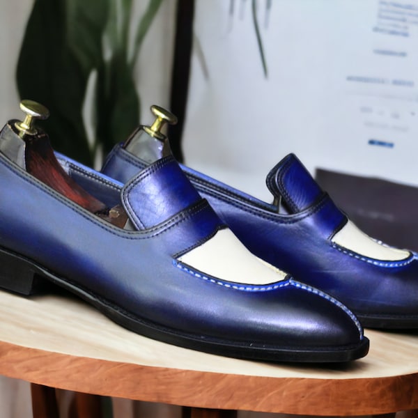 Handcrafted Loafer Shoes | Moccasin Luxury Navy Leather Dress Shoes | Elegant Slipper Style | Perfect for Formal Occasions | Split Toe Shoe