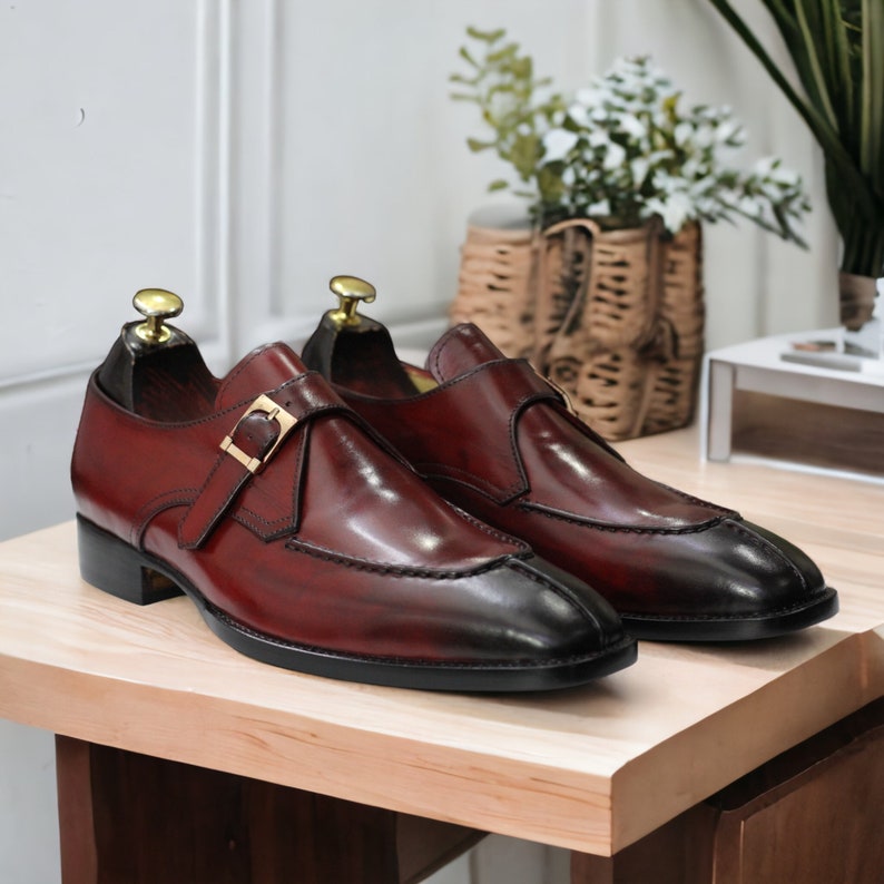 Men's Burgundy Monk Shoes Buckle Strap & Split Toe Shoes Luxury Formal