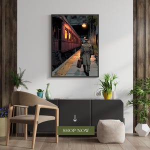 Noir Detective Train Station Art Print, Vintage Mystery Wall Decor, Retro Travel Poster for Office or Study, Wall Decor