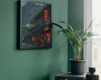 Ghibli Style Rainy Kyoto Canvas Art: Japanese Street Scene