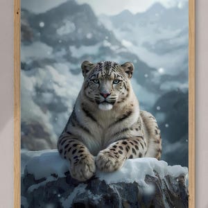 Snow Leopard Canvas Wall Art, Majestic Wild Cat in Snowy Mountains, Winter Wildlife Animal Print
