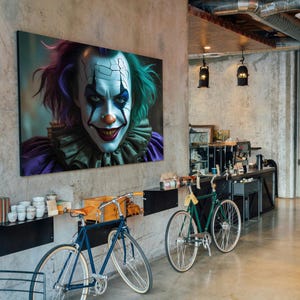 Dark Clown Horror Art Print, Creepy Colorful Evil Clown Canvas Wall Decor, Cinematic Fantasy Portrait Painting
