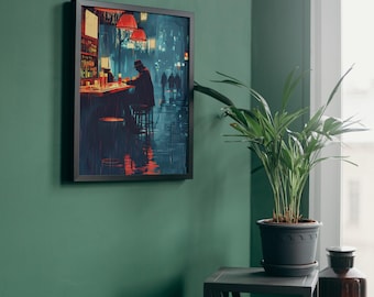 Noir Rainy Night Bar Canvas Art: Moody Cyberpunk Cityscape Print