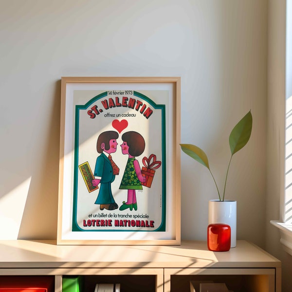 Valentine's Day Romantic Poster - Vintage Advertising Print LOTERIE NATIONALE - February 14th, 1973 Anniversary - Lovers Anniversary Gift