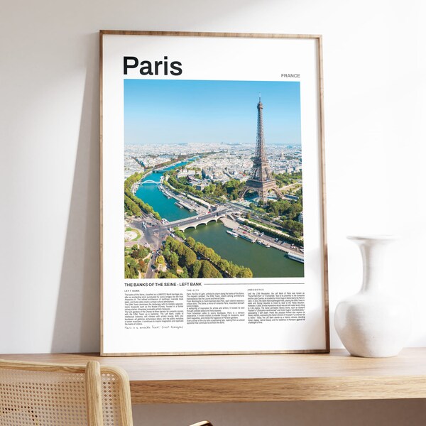 Paris Travel Poster Eiffel Tower with Seine Print, Aerial view Paris Travel Poster, Travel Photography, Banks of the Seine Real Photo