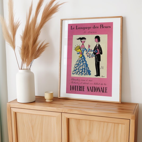 Peynet Vintage Romantic Pink Poster - Vintage Advertising Print LOTERIE NATIONALE France - Lovers from Peynet "Le langage des fleurs"