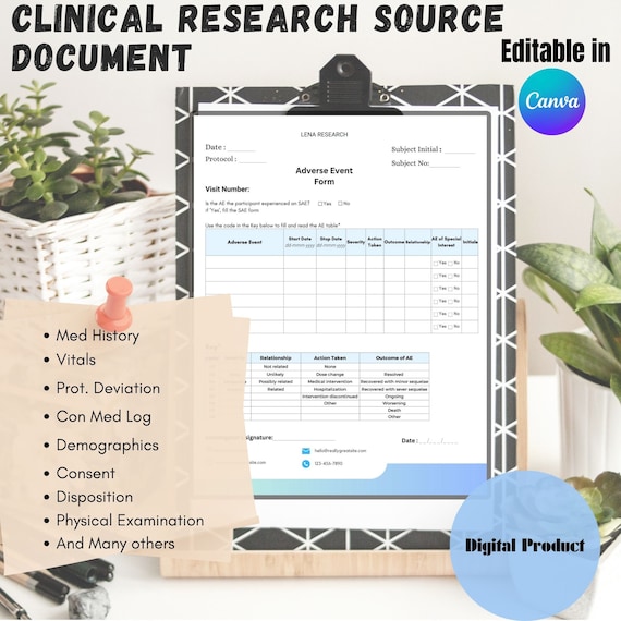 Clinical Research Source Document Template- Printable Medical Study Organizer [Digital Download] Easy to Use