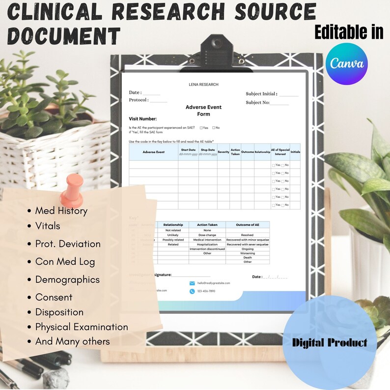 Pu&ograve; includere: Un prodotto digitale stampabile per la ricerca clinica, intitolato "Modulo di evento avverso". Il modulo include sezioni per la data, il protocollo, il numero di visita, le iniziali del soggetto, il numero del soggetto, l'evento avverso, la data di inizio, la data di fine, la gravit&agrave;, l'azione intrapresa, l'esito dell'evento avverso, la relazione, tutti gli interessi speciali e le iniziali. Il modulo &egrave; progettato per essere utilizzato in un contesto di ricerca clinica.