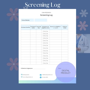 Pu&ograve; includere: Un modulo di registrazione dello screening stampabile con uno schema di colori blu e bianco. Il modulo include campi per l'identificativo del partecipante, le iniziali, la data dello screening, i criteri di ammissibilit&agrave;, il motivo di inammissibilit&agrave; e le iniziali del raccoglitore. Il modulo include anche uno spazio per la firma del raccoglitore e la data.