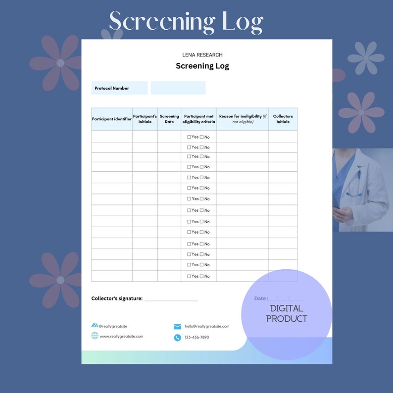 Pu&ograve; includere: Un modulo di registrazione dello screening stampabile con uno schema di colori blu e bianco. Il modulo include campi per l'identificativo del partecipante, le iniziali, la data dello screening, i criteri di ammissibilit&agrave;, il motivo di inammissibilit&agrave; e le iniziali del raccoglitore. Il modulo include anche uno spazio per la firma del raccoglitore e la data.