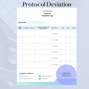 Pu&ograve; includere: Un modulo di registrazione delle deviazioni dal protocollo bianco e blu stampabile con una sezione per il numero del soggetto, la descrizione della deviazione, la ragione della deviazione e l'azione correttiva, la notifica dell'IRB, la data, le iniziali e le iniziali del PI. Il modulo include anche una sezione per la firma del ricercatore, l'indirizzo email e il numero di telefono. Il modulo &egrave; etichettato come "LENA RESEARCH" e "Registro delle deviazioni dal protocollo".