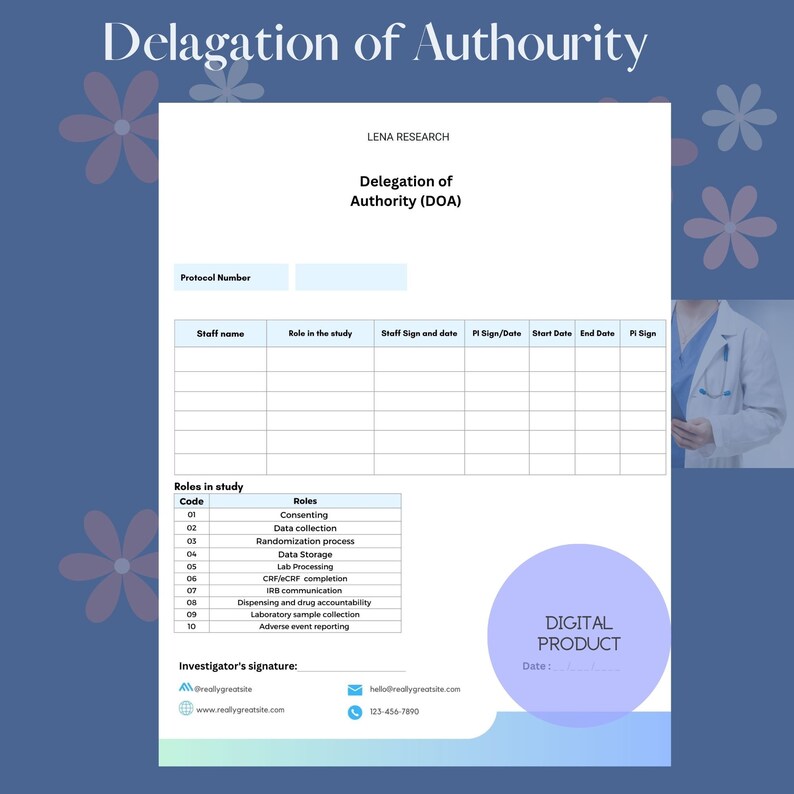 Pu&ograve; includere: Un modulo stampabile di delega di autorit&agrave; (DOA) per studi di ricerca. Il modulo include sezioni per il numero di protocollo, il nome del personale, il ruolo nello studio, la firma e la data del personale, la firma e la data del PI, la data di inizio, la data di fine e la firma del PI. Il modulo include anche una tabella che elenca i ruoli nello studio con i codici corrispondenti.