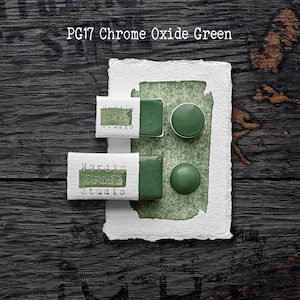 Può includere: Due vaschette rettangolari e due circolari di acquerello verde ossido di cromo etichettate PG17. Le vaschette presentano involucri di carta bianca con il testo Nordic Craft Studio, disposte su un pezzo di carta bianca ruvida.