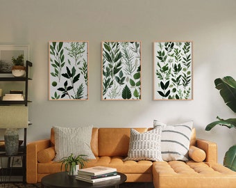 Printable Wall Art Set of 3, Botanical Wall Art, Green Wall Art, Botanical Print, Leaves Poster, Digital Print, Wall Decor, Leaf Print