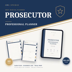May include: A 2027 digital prosecutor professional planner by Z&K Studio featuring a tablet displaying the cover page, two open planner pages showing evidence tracker and trial prep layouts, and text indicating 521 pages and A4 plus A5 sizes.
