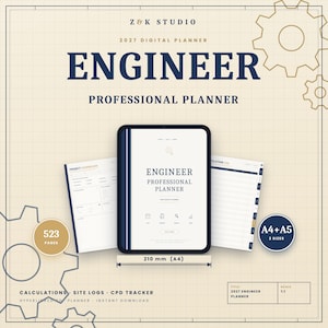 May include: A 2027 digital engineer professional planner by Z&K Studio. The display shows a tablet with a cover page, a project dashboard, and a calculation list. It includes 523 pages, A4 and A5 sizes, with a 210 mm width for the A4 format.