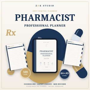 May include: A 2027 digital planner for pharmacists by Z&K Studio, featuring a tablet display, an expiry tracker page, and a counseling log page. The design includes a capsule graphic, the text Rx, 523 pages, and A4 and A5 size options.