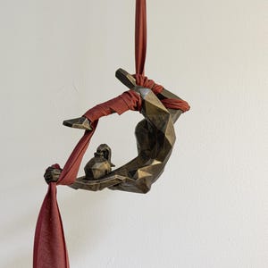 Aerial Silk Acrobat Statue: Metallic Resin Hanging Sculpture