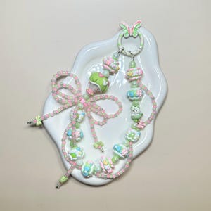 Pink and Green  Hand Painted Bead Keychain | Bag charm | Phone charm | Handmade Beads | Popmart Bead