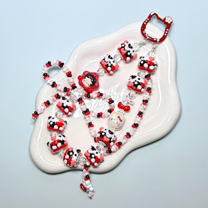 Red, Pink and Black SkullPanda Popbean Hand Painted Bead Keychain | Bag charm | Phone charm | Handmade Beads | Pop Mart Bead