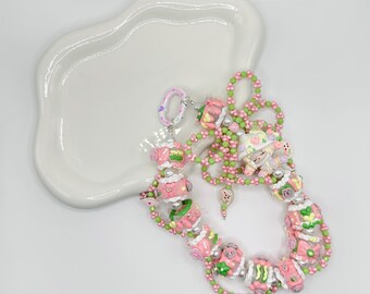 Pink and Green Skull Panda Hand Painted Bead Keychain | Bag charm | Phone charm | Handmade Beads | Popmart Bead