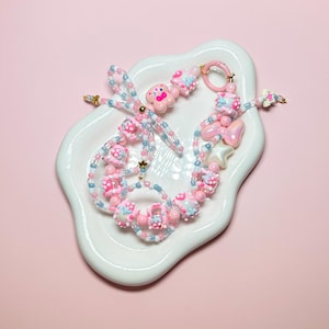 Pink and Blue Bunny Hand Painted Bead Keychain | Bag charm | Phone charm | Handmade Beads | Popmart Bead