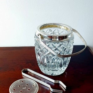 Heavy vintage ice pale set including water separator & matching tongs