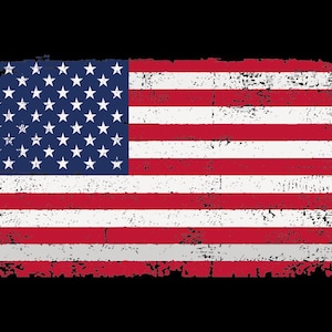 May include: A distressed, faded American flag with red and white stripes and a blue field of stars. The flag is painted on a black background.