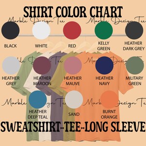 The image is a color chart for a sweatshirt-tee-long sleeve design, displaying various color options such as black, white, red, green, and others.