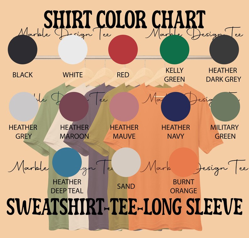 The image is a color chart for a sweatshirt-tee-long sleeve design, displaying various color options such as black, white, red, green, and others.