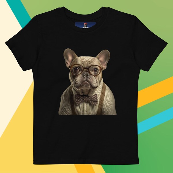 FRENCHIE BULLDOG with Glasses and a Bow Tie TSHIRT for Kid Bio – Customizable Unisex Shirt For Pet Lovers