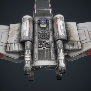 Puede incluir: Una nave espacial blanca y roja con dos grandes motores en la parte trasera. La nave espacial tiene un aspecto desgastado con suciedad y ara&ntilde;azos visibles.