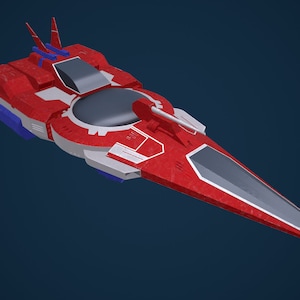 Puede incluir: Una nave espacial roja y blanca con una cabina gris y una nariz larga y puntiaguda. La nave espacial tiene una franja azul y blanca en el lateral.