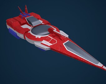 Könnte beinhalten: Ein rotes und weißes Raumschiff mit einem grauen Cockpit und einer langen, spitzen Nase. Das Raumschiff hat einen blau-weißen Streifen an der Seite.