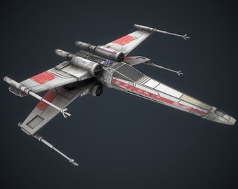 Könnte beinhalten: Ein weißes, rotes und graues X-Wing-Raumschiff mit einem verwitterten Aussehen. Das Raumschiff hat zwei Laserkanonen an jedem Flügel und ein Cockpit in der Mitte.